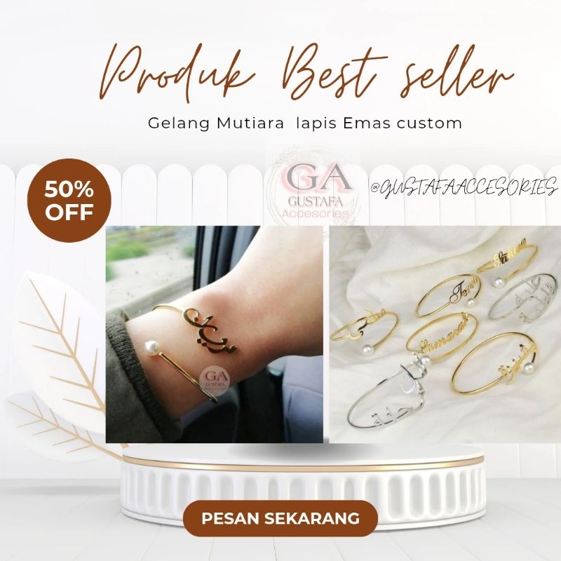 AKSESORIS GELANG TANGAN  BANGLE TITANIUM ASLI LAPIS EMAS ANTI KARAT CUSTOM NAMA ARAB PERSAHABATAN