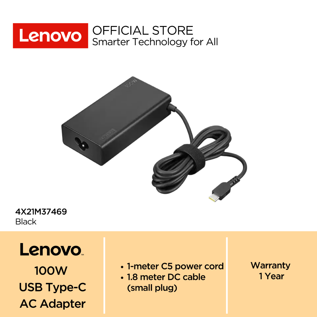 Lenovo Charger 100W USB Type C Standard AC Power Adapter / Adaptor 4X21M37469 Black 100 - 240V, 50/6