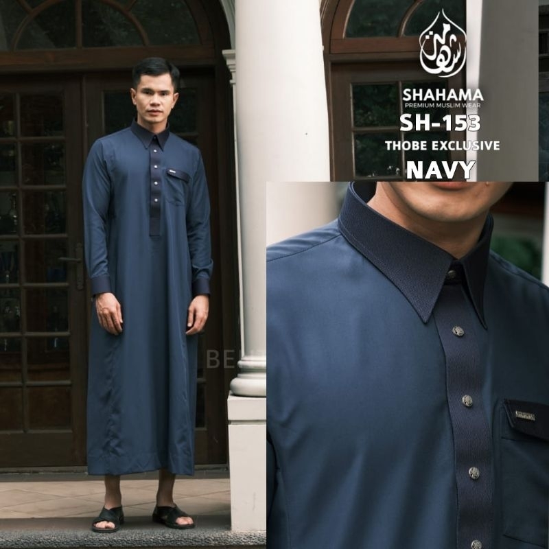 Thobe Shahama SH-153 Biru Navy Gamis Pria Dewasa Modern Thobe Lengan Panjang Warna Navy