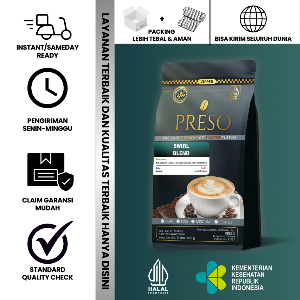 

PRESO Biji Kopi Bubuk Swirl Blend House Blend 30% Arabika 70% Robusta Coffee Beans Coffe Bean 500gr