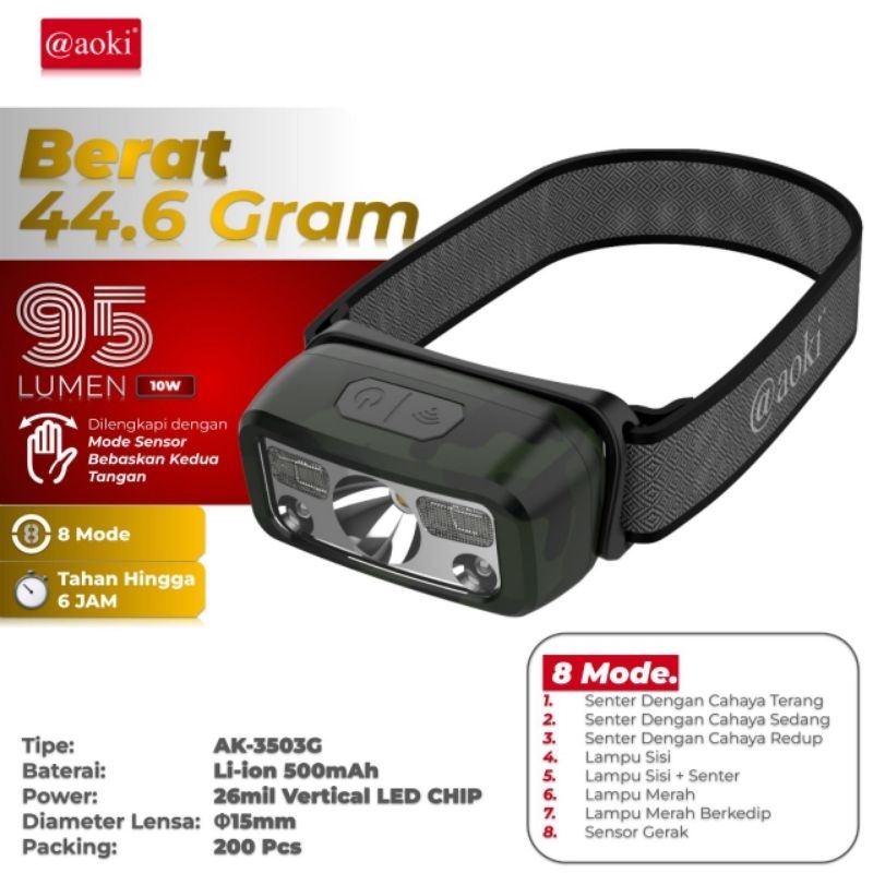 Senter Kepala Rechargeable @aoki Cahaya Putih AK - 3503G