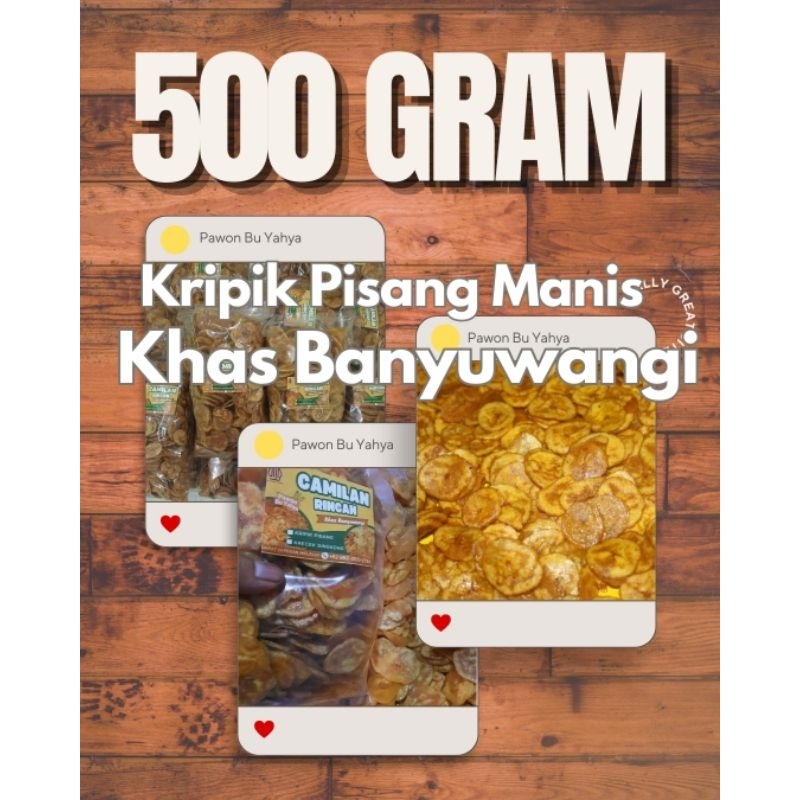 

500gr / ½kg, Kripik Pisang Manis Produk oleh-oleh Khas Banyuwangi. Homemade asli, tanpa zat pengawet dan pemanis buatan. Food Snack Keripik Banana Makanan Asin Cemilan