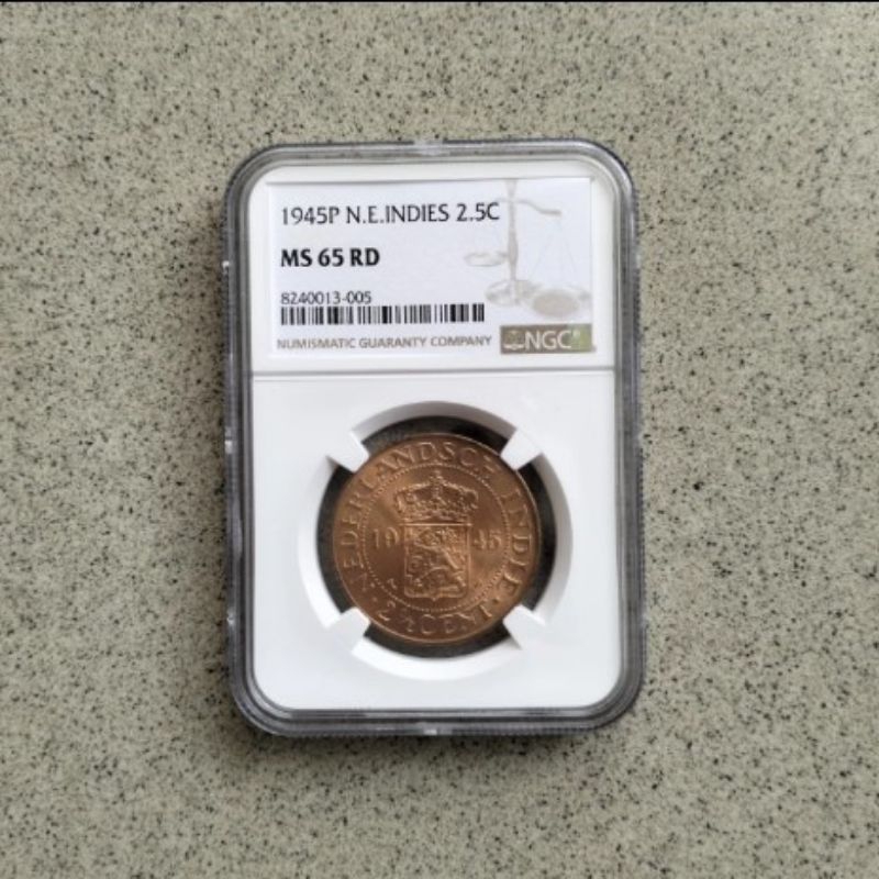 NGC MS 65 RD Nederlandsch Indie 2,5 2½ Cent Sen Tahun 1945 Koin Kuno