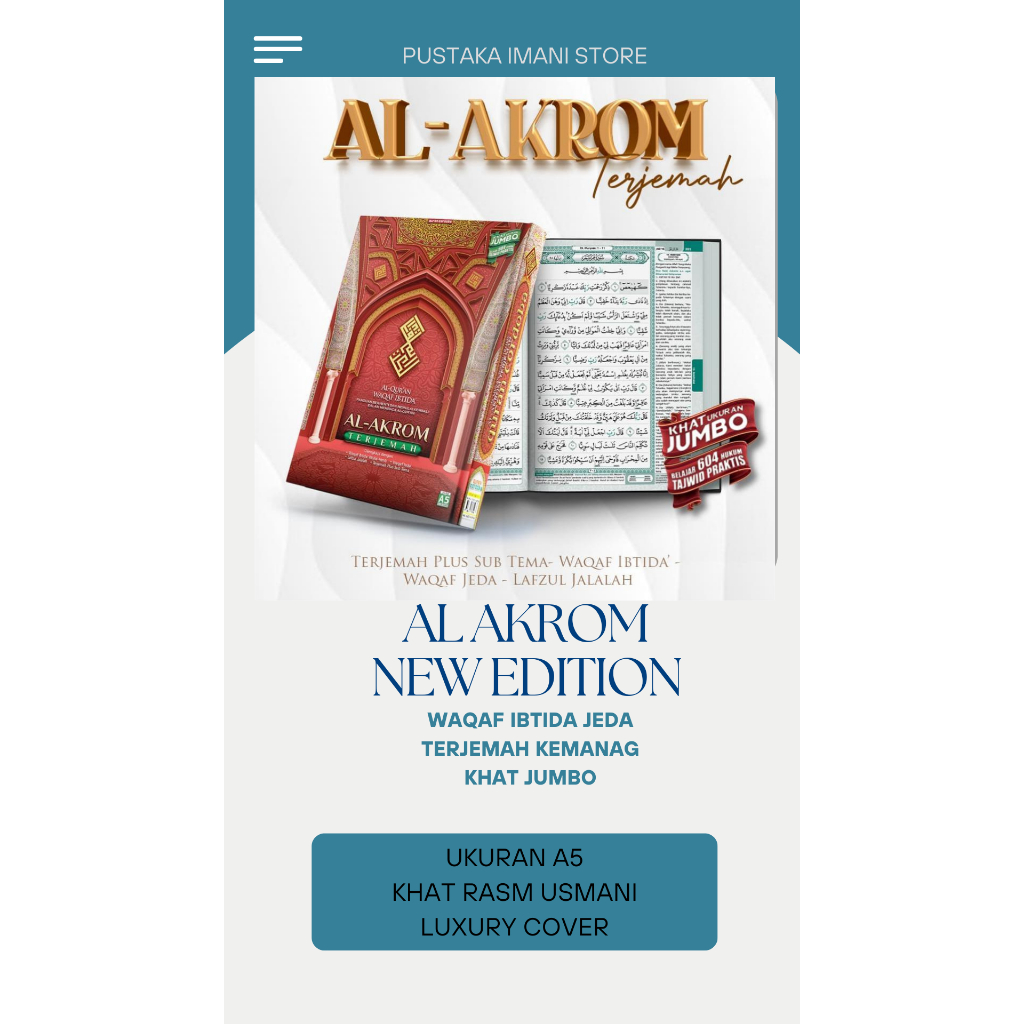Al Quran Besar AL-AKROM Cordoba A5 | Khat Jumbo + Terjemahan & Waqaf Ibtida Original