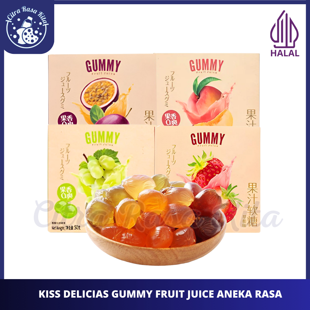 

Halal Kiss Delicias Gummy Fruit Juice Peach, Grape, Strawberry & Passion Fruit 50gr