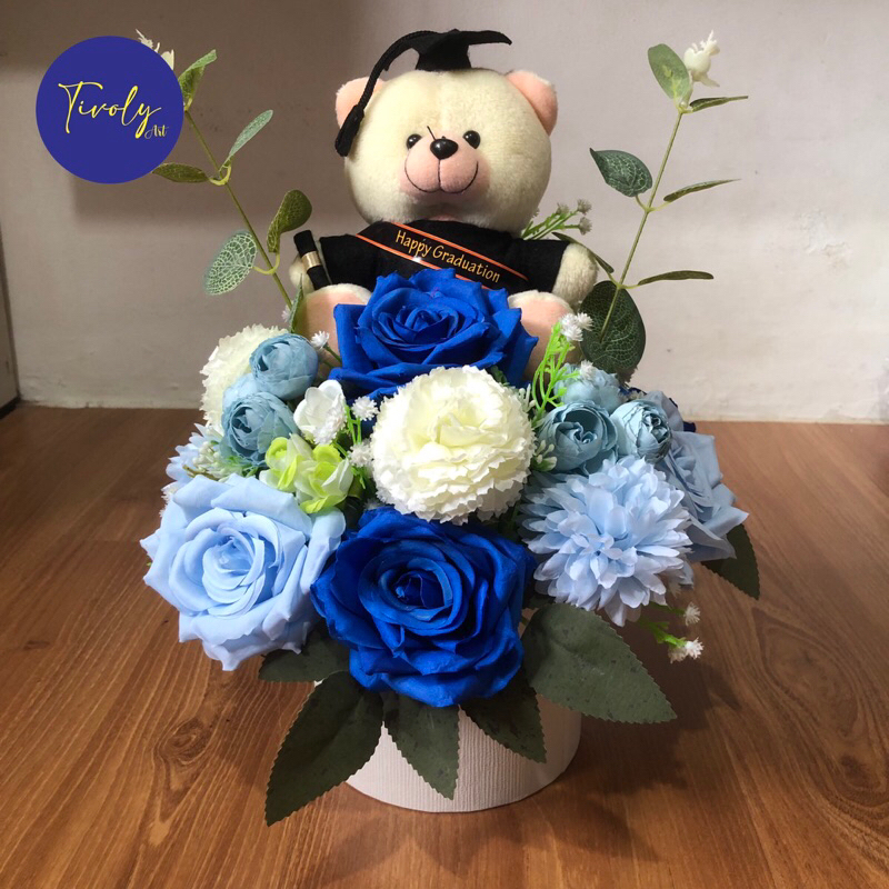 Bloom Box Flower Artificial | Bloom Box Wisuda | Buket Bunga Wisuda + Boneka