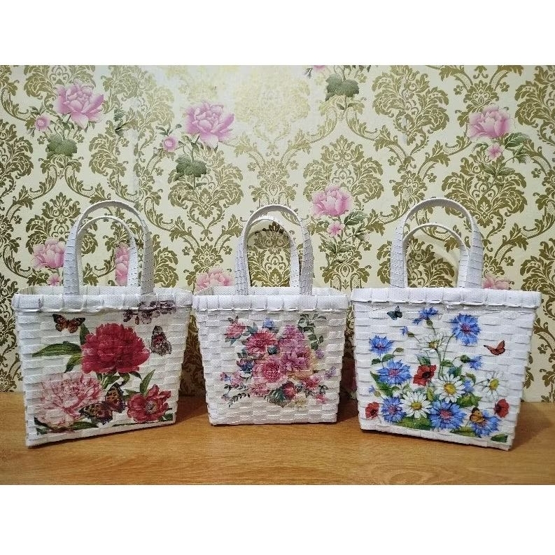 Tas Anyaman Plastik Minti Motif ,Tas souvenir,Tas hampers murah