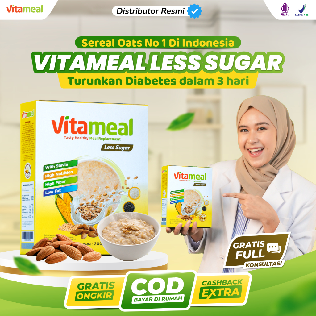 

[DISKON EKSKLUSIF] VITAMEAL LESS SUGAR Bantu Atasi Hipertensi Tekanan Darah Gula darah Kolesterol