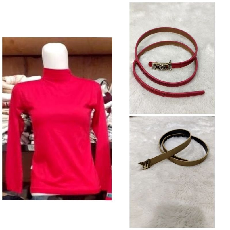blus manset preloved anak dewasa merah turtleneck tali ikat pinggang gesper logo Ch4n3l El-Vi