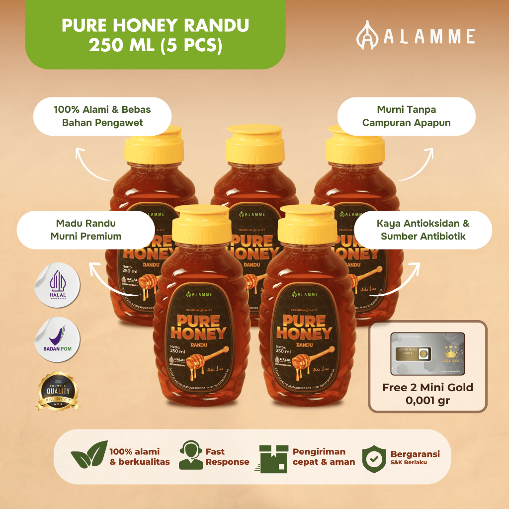 

Alamme Paket Pure Raw Honey Madu Randu Murni 100% Original Premium 250ml isi 5 pcs