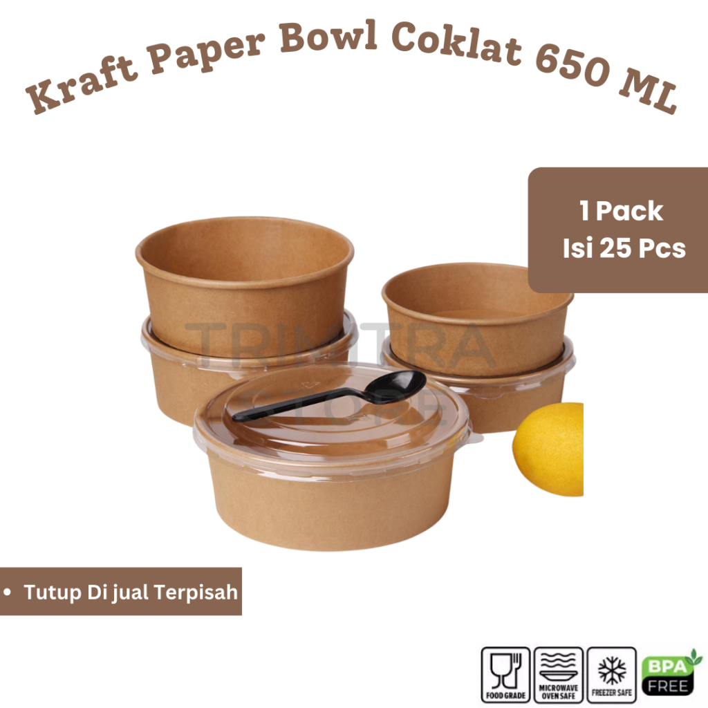 (Isi 25 Pcs) Paper Bowl/ Mangkok Kertas Kraft/ Mangkok Kertas Tahan Panas 650 ML