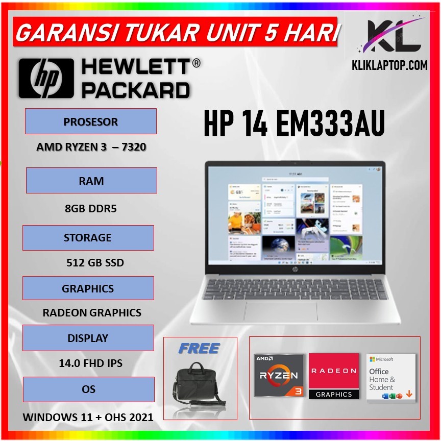 Hp 14 RYZEN 3 7320 8GB 512GB W11+OHS 14.0FHD IPS