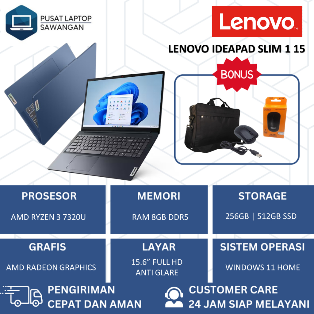 Laptop Lenovo Ideapad Slim 1 15 Amd ryzen 3 7320U 8GB DDR5 512GB WIN 11 HOME BLUE