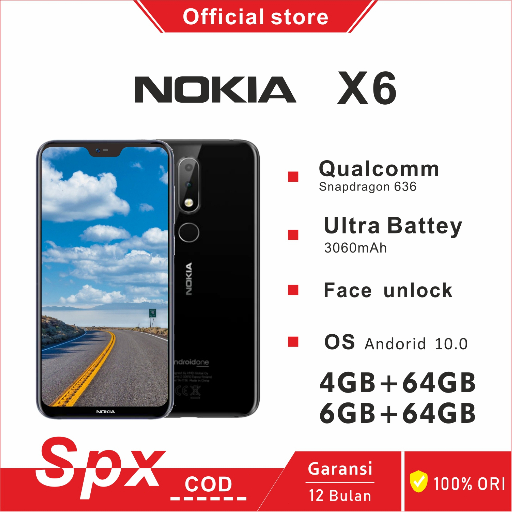 Nokia  x6 -| 6GB+64GB | type-c | dual sim |16+16+5MP | nokia android 10 | Garansi indonesia