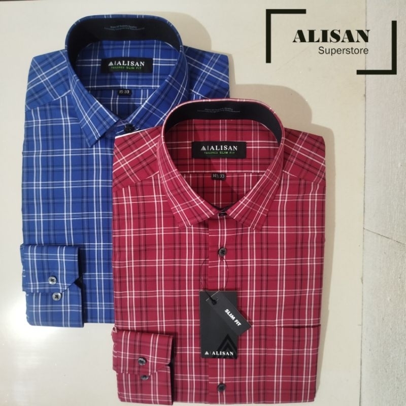 Alisan Kemeja Pria Motif Kotak Kotak Merah/Biru Lengan Panjang Slimfit