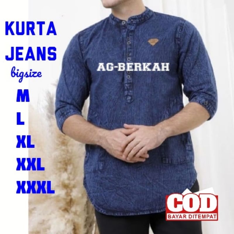 (M - XXXL)Baju Kurta Jeans Pria Jumbo Lengan Pendek Bigsize/Kurta Pria Jumbo Lengan Pendek Polos