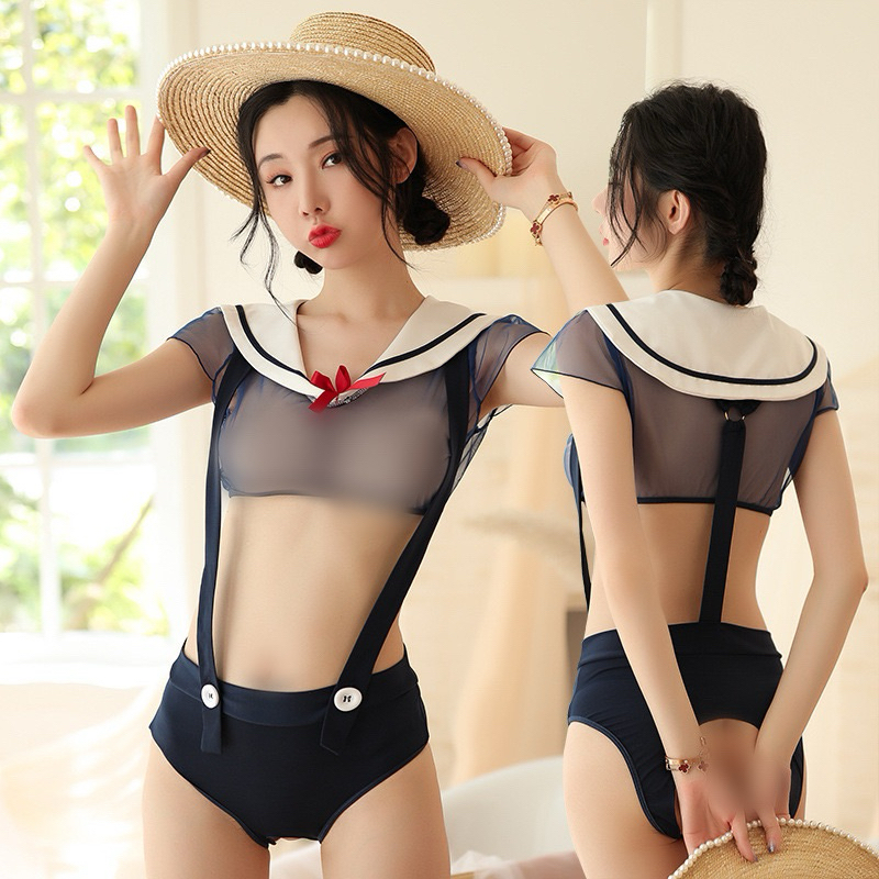 Alice Set Lace Lingerie School Girl Uniform Overall Renda Transparan Baju Kodok Katun Tile Jumpsuit 