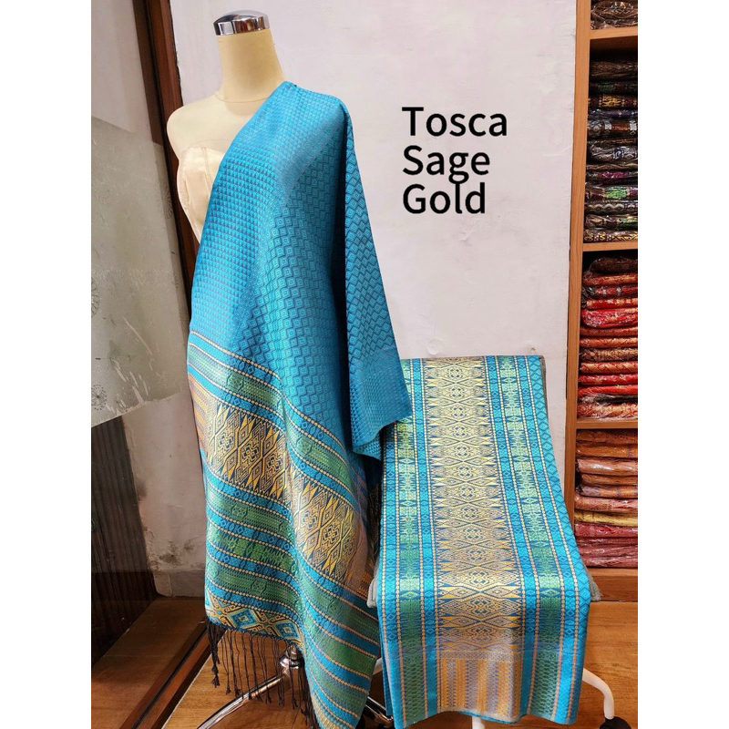 Songket Tumtuman Tanpa Sambungan Warna Tosca Ungu Pink Kuning