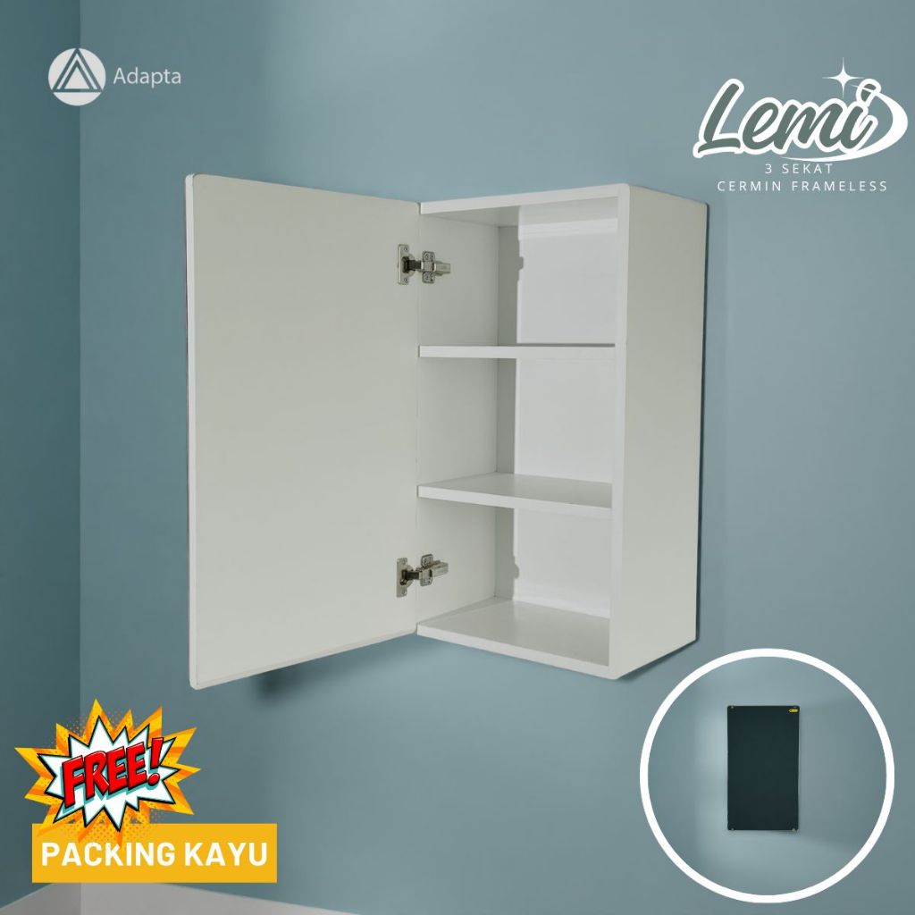 Adapta - Lemari Mini Tempel Dinding 3 Sekat Dengan Cermin Frameless Minimalis -Lemari Tempel Dinding