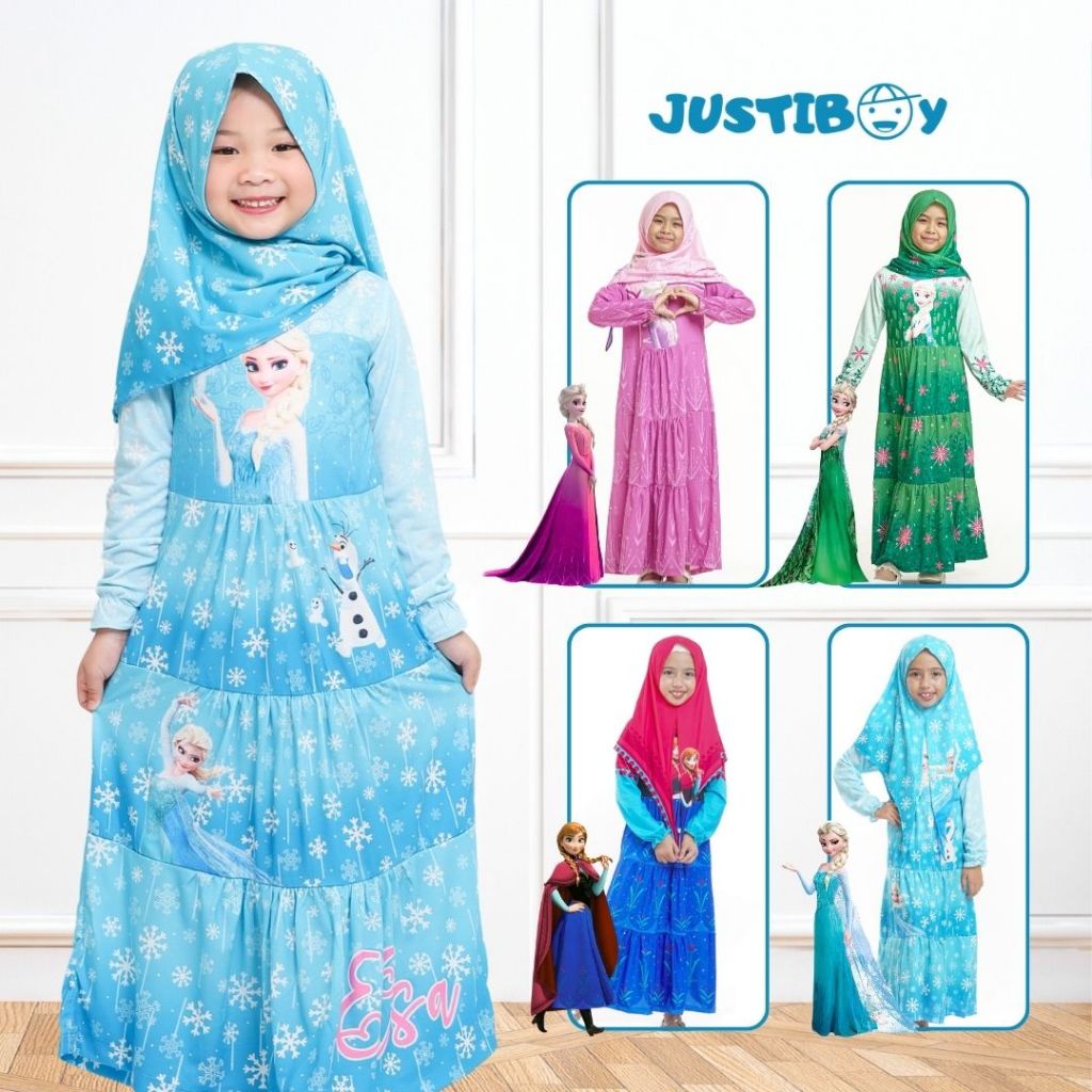 Gamis Anak Princess Frozen Usia 3 - 10 Tahun Free Hijab / Dress Anak Muslim Cewek Frozen Elsa Anna (