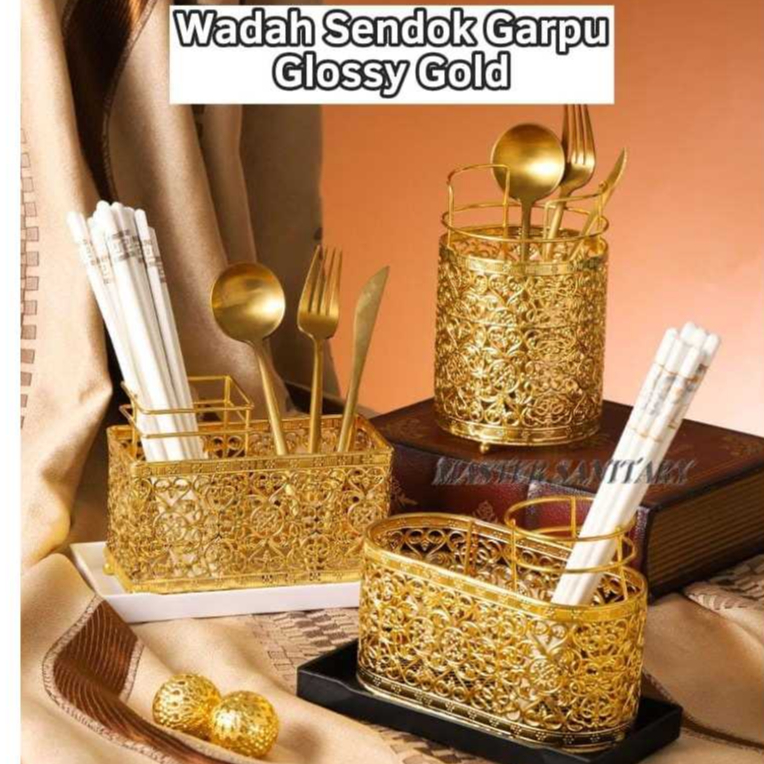 Tempat Sendok Garpu SS304 Meja Gold / Wadah Sendok Garpu Ukiran Glossy Gold