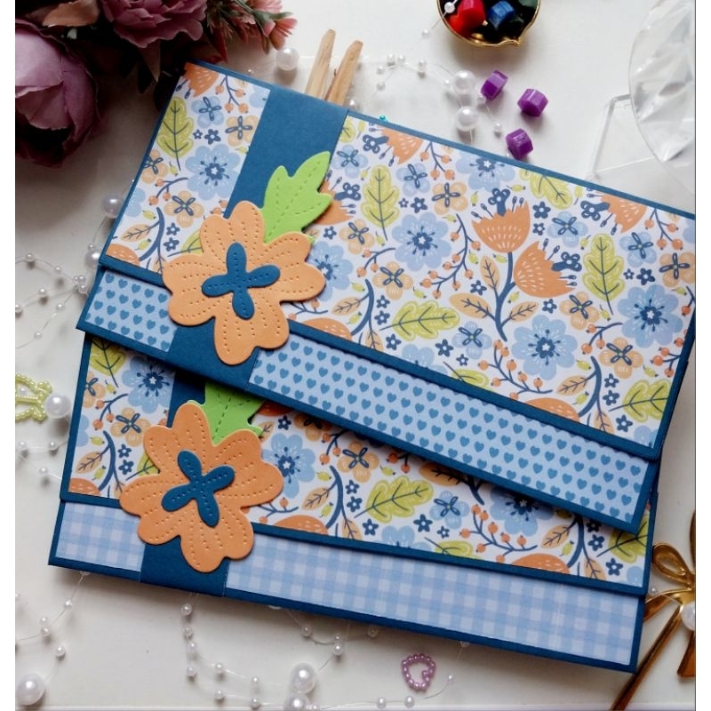 

Amplop uang Flowery Biru Oren handmade 1pcs die cut gift lebaran angpau wedding
