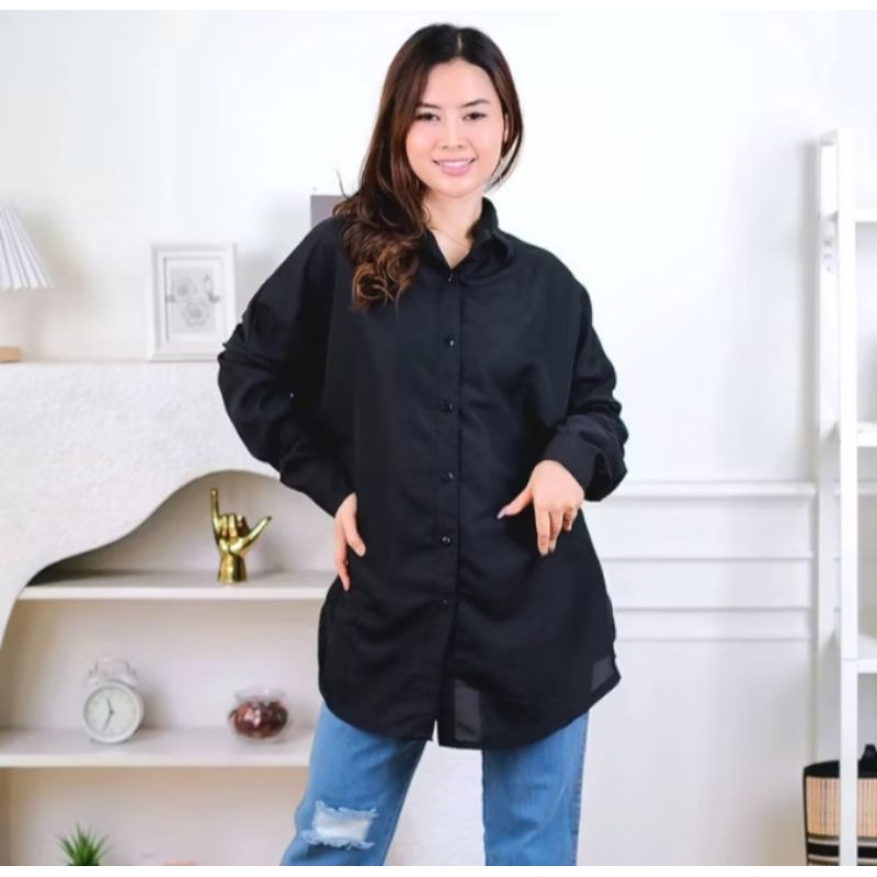 Kemeja Wanita Hitam Oversize Shirt Bahan Katun Poly Fit L Oversize Shirt Murah