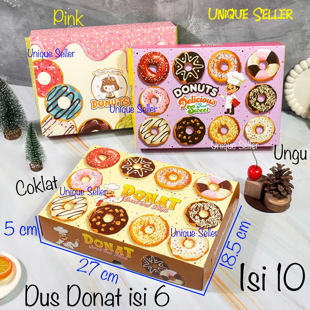 

[Isi10] Dus Donat isi 6 Full Motif 27x18.5x5 cm / Dus Kue Roti Donat isi 6 Warna Coklat Pink Ungu