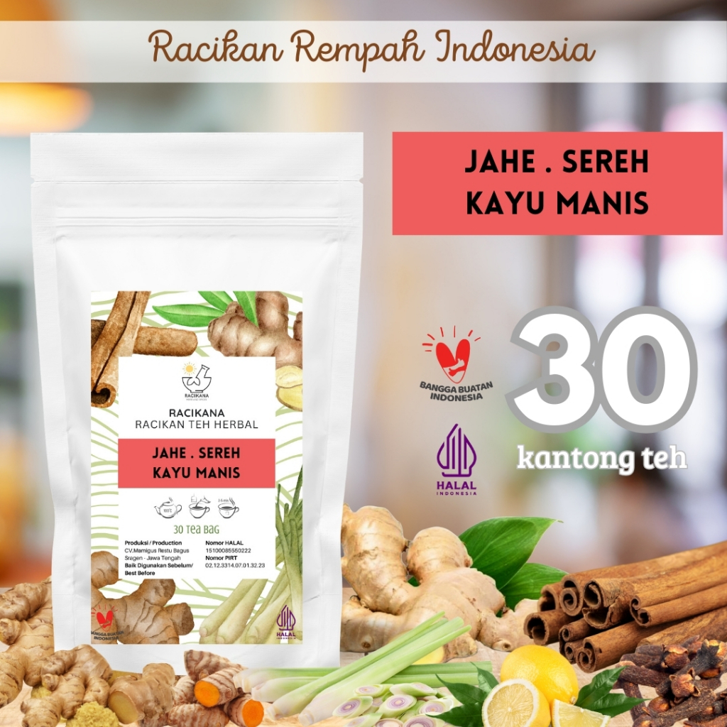 

TEH JAHE KAYU MANIS SEREH SERAI / Ginger Cinnamon Lemongrass Tea / Teh Rempah Rimpang / 30 Tea Bag