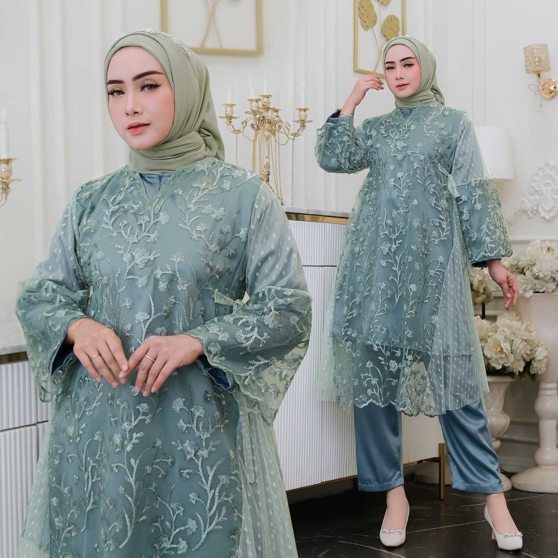 Sheera One Set 3in1 Belt Outer Inner Celana Tile Brokat Saten Velvet Premium Baju Lebaran Dress Kond