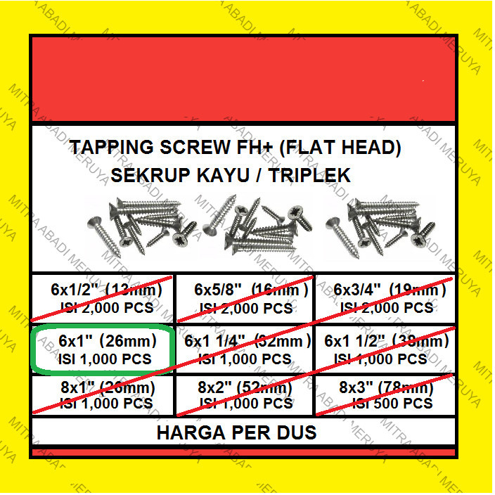 Sekrup Kayu Sekrup Tapping Screw FH 6 x 1" (26 mm) 1 DUS