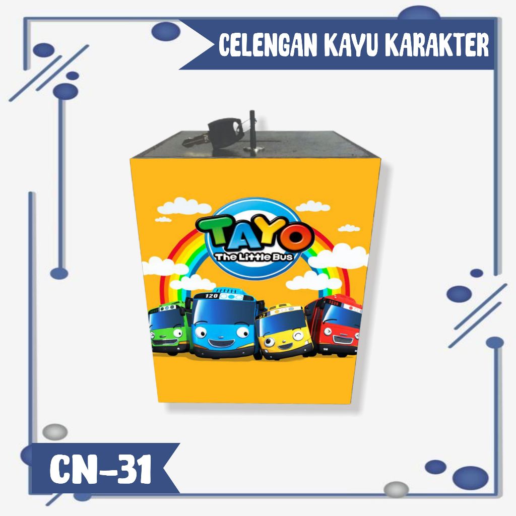 CELENGAN KAYU KARAKTER KARTUN TAYO, CELENGAN ANAK, KOTAK TABUNGAN KUNCI UNIK CN-31