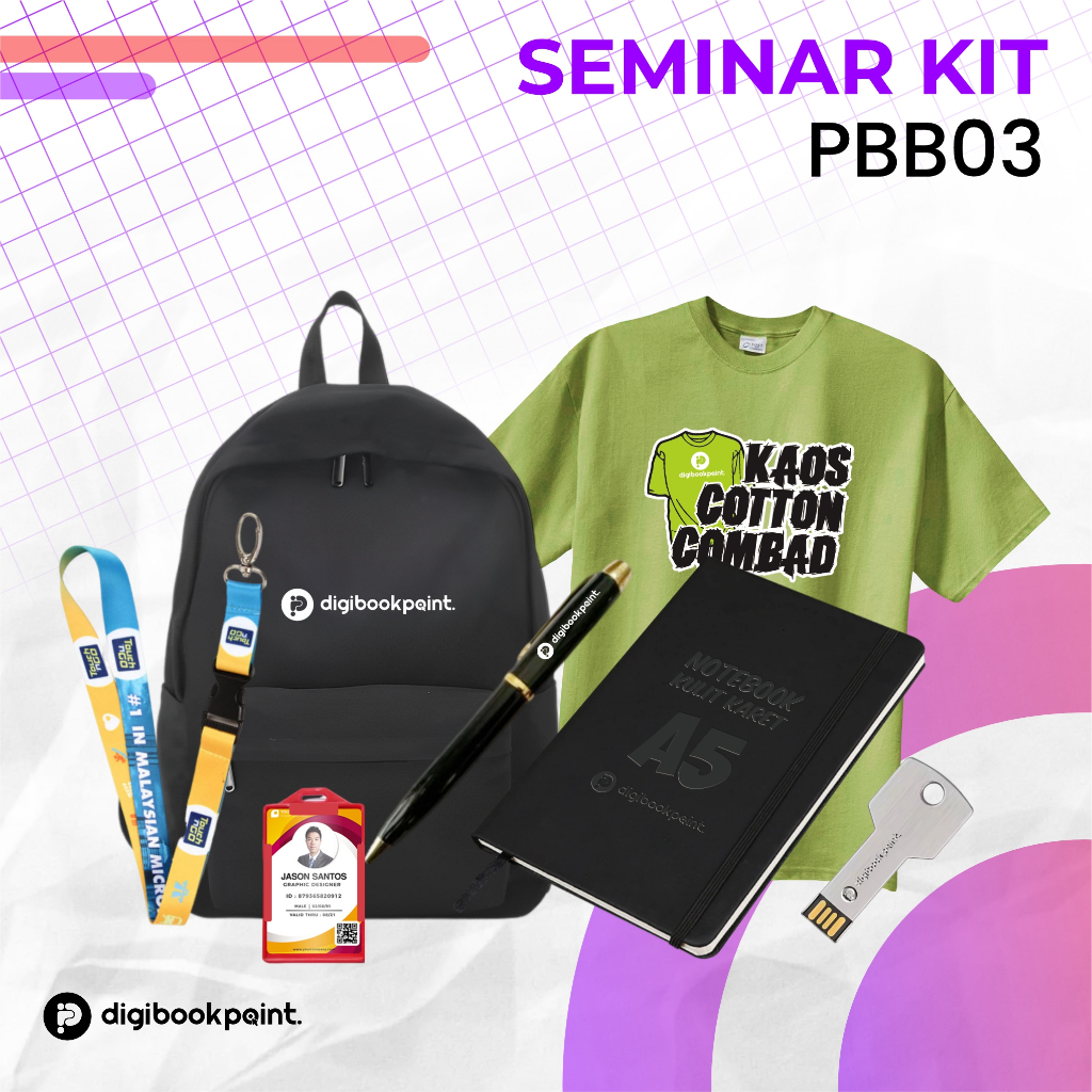 

Seminar Kit Custom | Backpack Cordura, Notebook, Pulpen, Kaos Acara, Flashdisk, Lanyard | Custom Sesuai Desain