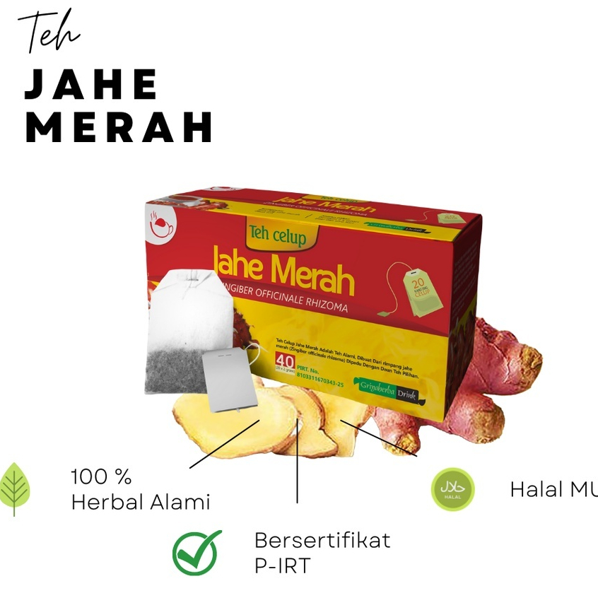 

Teh Jahe Merah Griya Herba khasiat mujarab yang minim efek samping. sebagai penguat hepar (hati), merangsang kekebalan tubuh isi 20 kantong