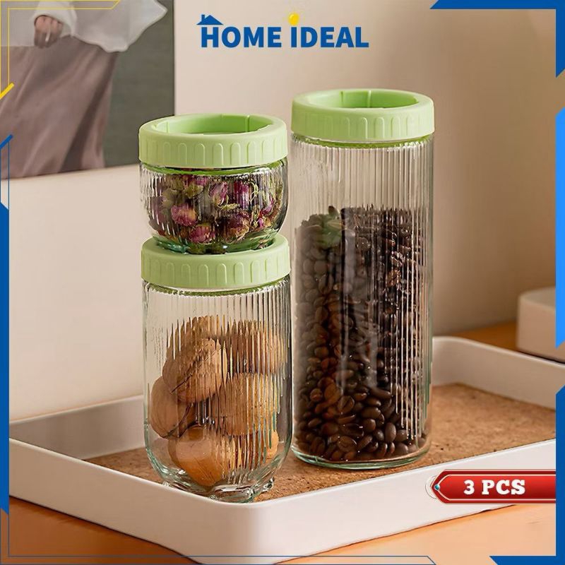 N5 Toples kaca lebaran set isi 3 toples kue kering penyimpanan makanan Toples Tutup Hijau