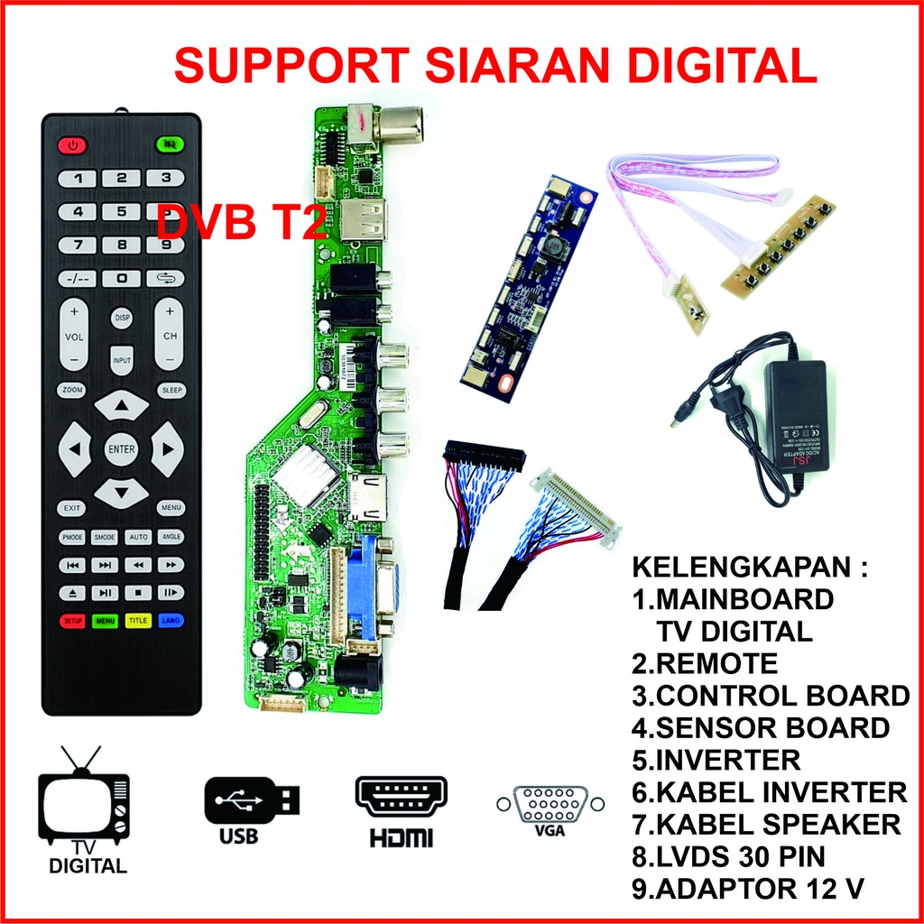 MESIN TV DVB T2 Universal LED LCD TV Board Digital DVB T2 - Paket Mainboard Remote Tombol