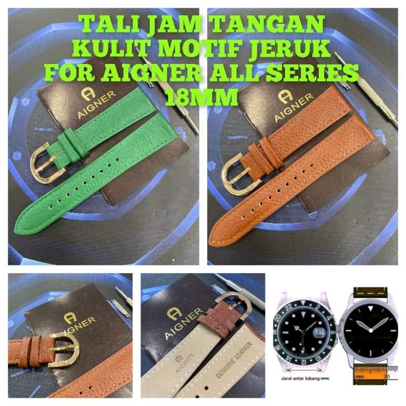 Strap/Tali jam tangan kulit Motif Jeruk Aigner Buckle Baru UK 18mm
