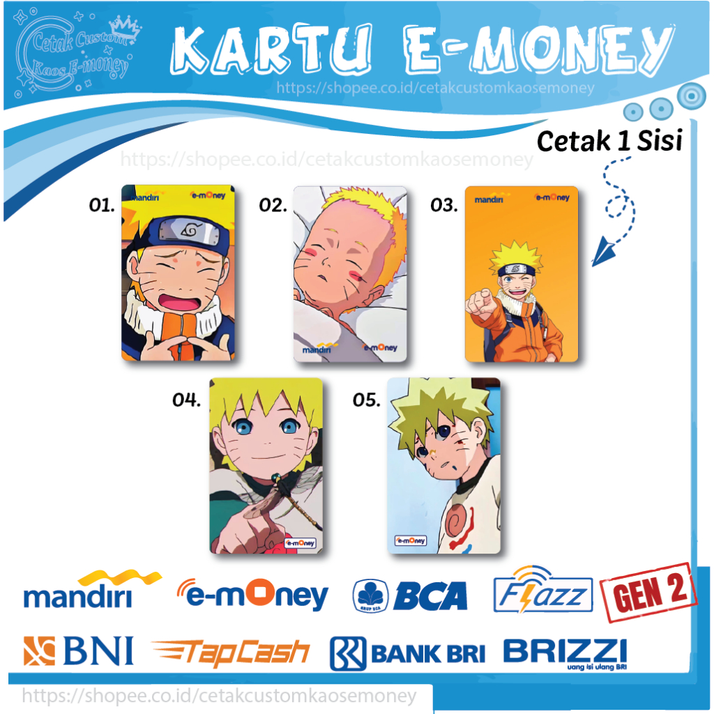 KARTU EMONEY ETOLL GAMBAR KARTUN NARUTO BORUTO LUCU ANIME EMONEY MANDIRI BCA BNI BRI - 1 SISI