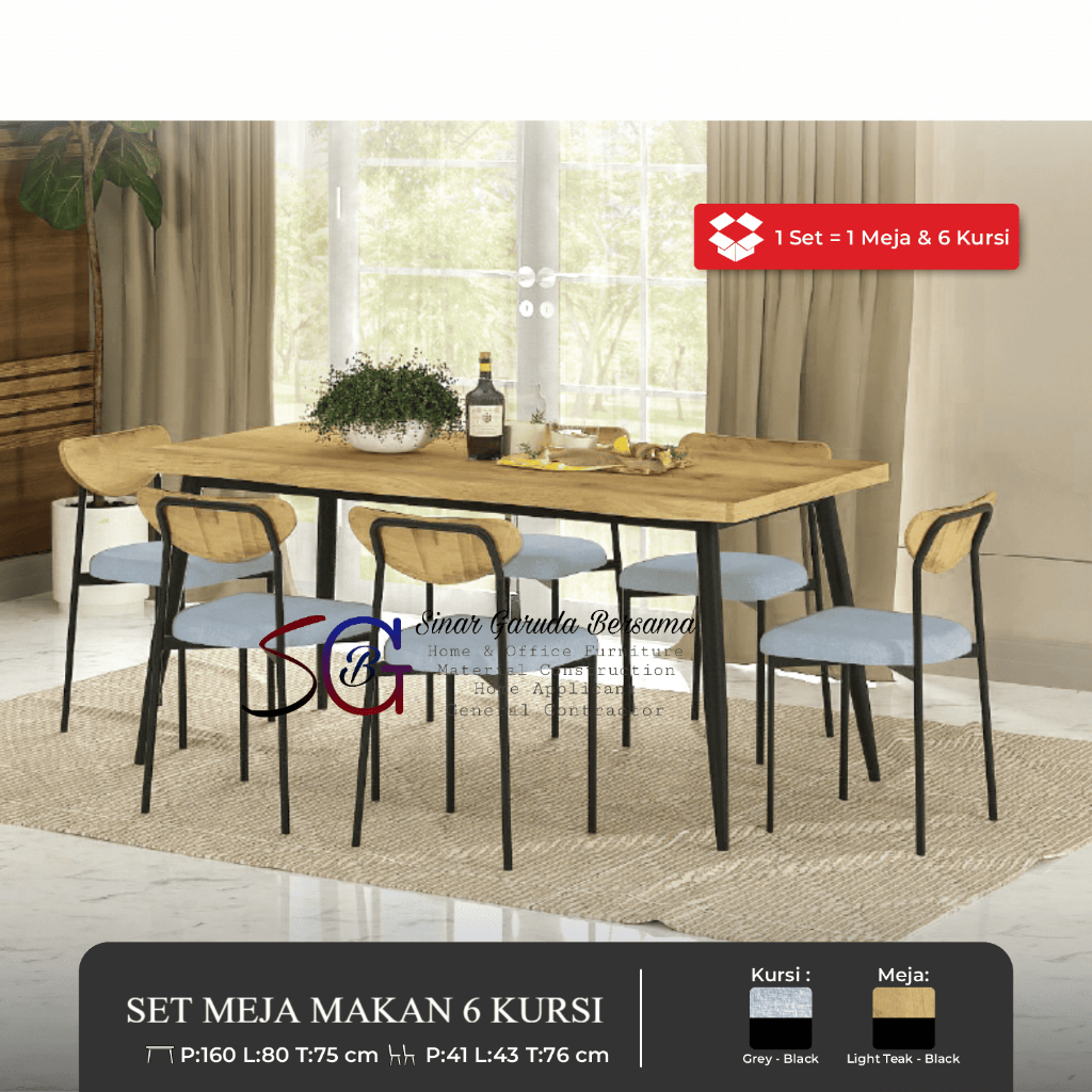 MEJA MAKAN 6 KURSI MINIMALIS / NATURAL DINNING SET 6 PERSON / MEJA MAKAN ESTETIK BAHAN MEJA MDF TEBA