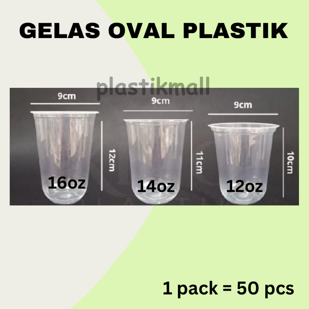 GELAS PLASTIK OVAL / U CUP 12OZ 14OZ 16OZ 18OZ 22OZ + TUTUP ISI -/+50 PCS / (isi50pcs) Gelas Plastik