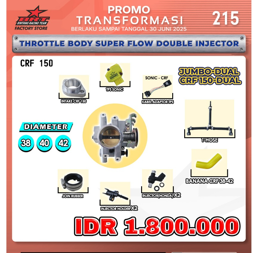 PAKET JUMBO SPECIAL TB THROTTLE BODY CRF 150 DUAL/JUMBO DUAL SUPER FLOW DOUBLE INJECTOR INJEKSI CRF1