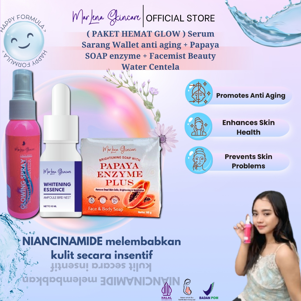 ⁠Marlena Skincare [ Paket Hemat Glow ] Serum Sarang Wallet anti aging + Papaya SOAP enzyme + Face mi