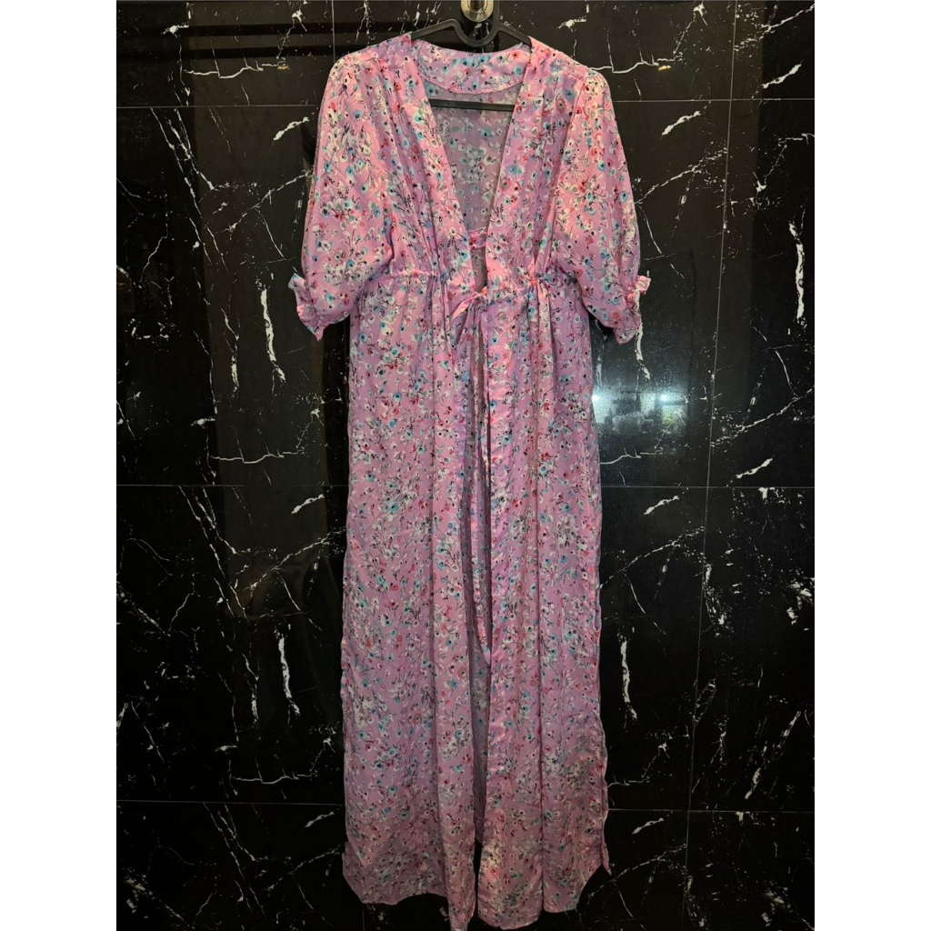 PRELOVED OUTER HIJAB PINK MAXI DRESS / CARDIGAN BUNGA PANJANG / FLOWER LONG DRESS