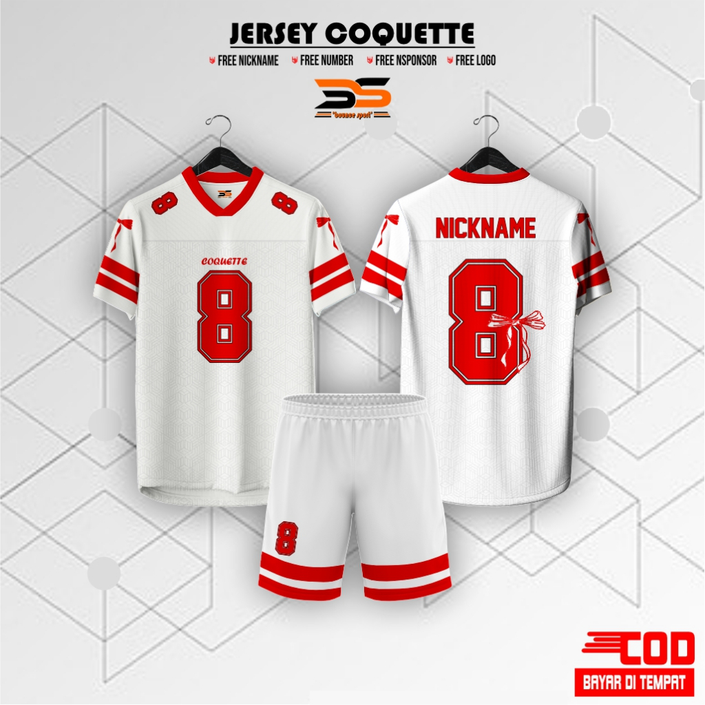 Jersey COQUETTE RIBBON Korean Putih Merah Terbaru / Bola / Voly / Futsal / Tennis Custom Nama