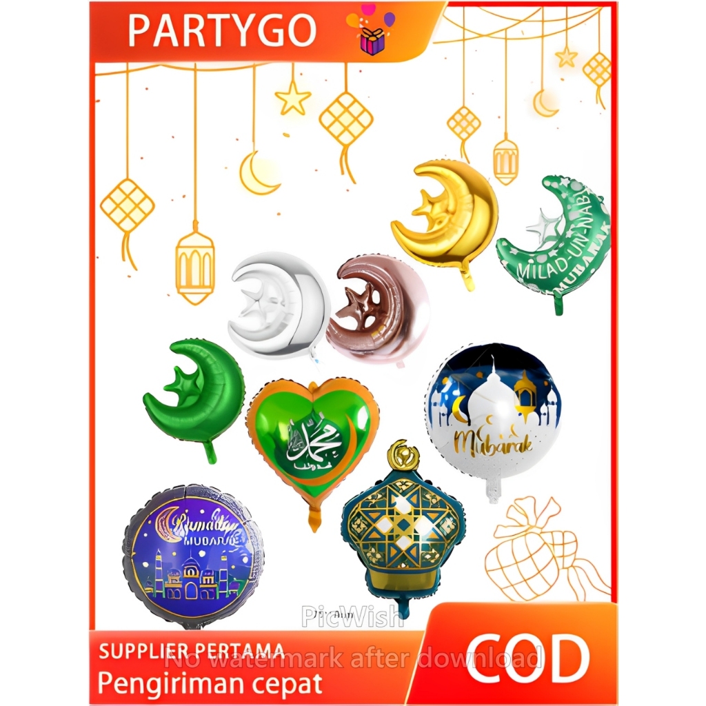 Balon Foil Ramadhan Balon Bulan Bintang Bulan Sabit Balon Kubah Masjid Hiasan Dekorasi 1 Pcs 18 Inch