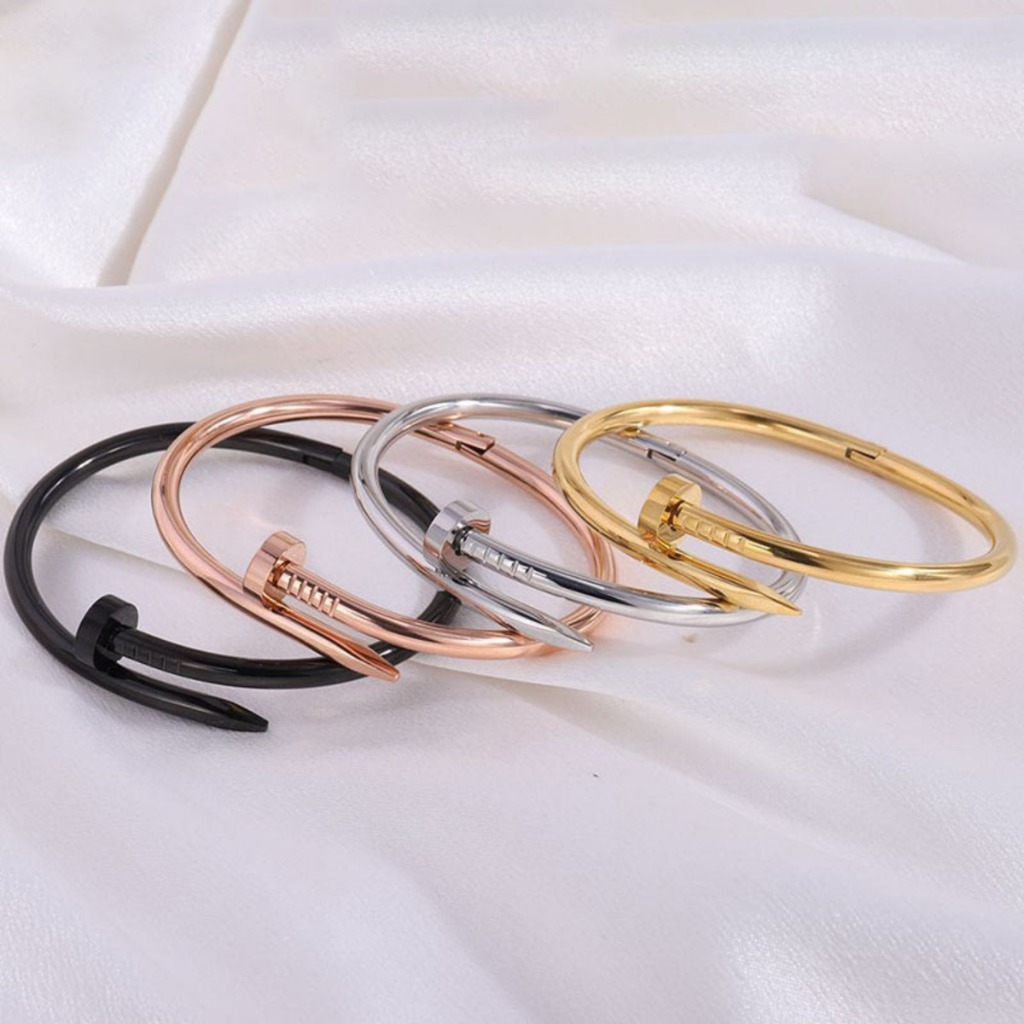 Gelang Motif Paku Titanium Hitam Gold Silver Cut Bangle Korean Style