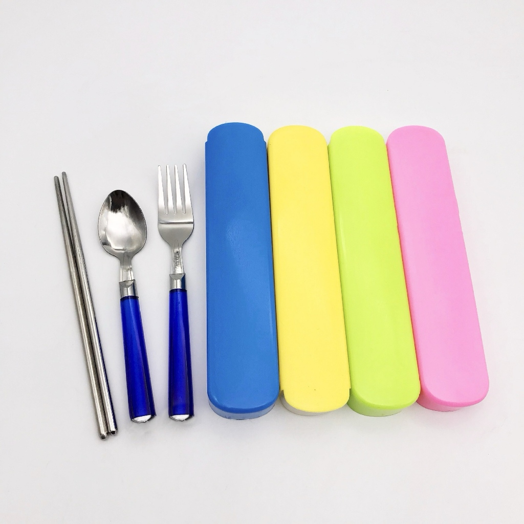 sendok sumpit set stainless steel sendok makan +Box/ Warna