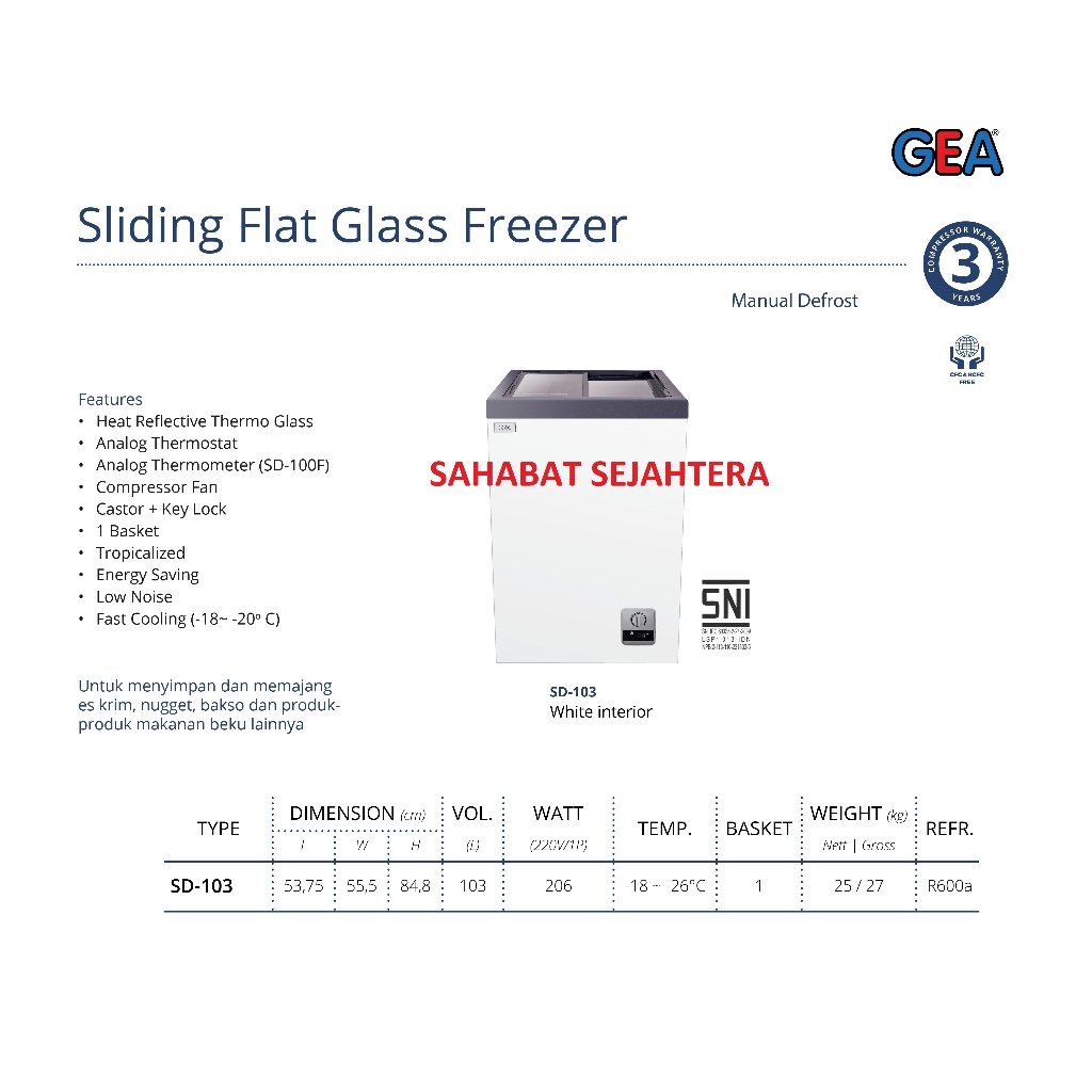 GEA Sliding Flat Chest Freezer SD-103 Freezer Sliding Kaca