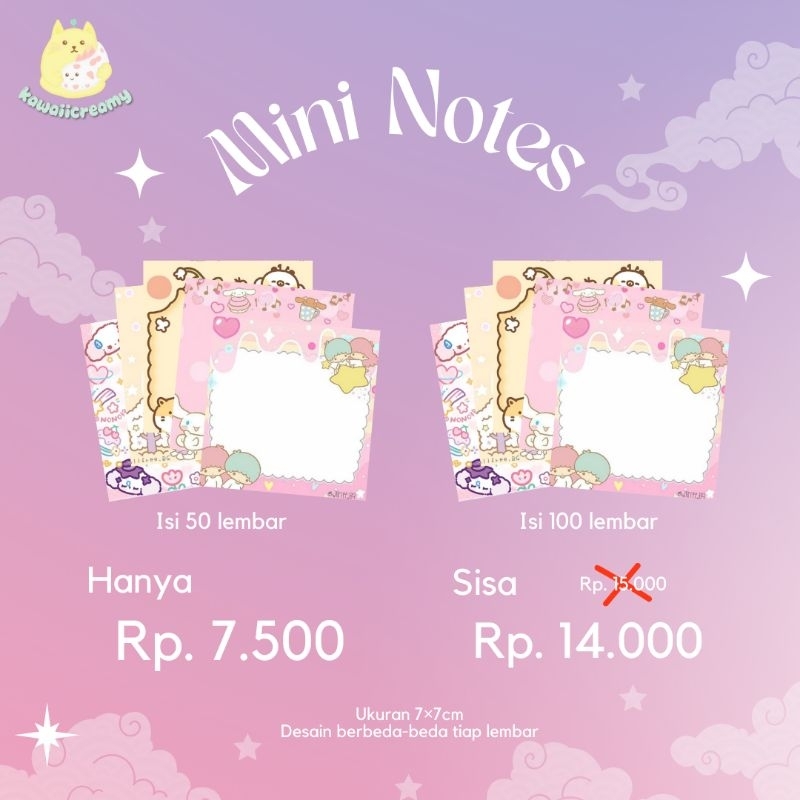

MINI NOTES - notes kecil 7×7 gambar lucu sanrio - setiap lembar desain berbeda