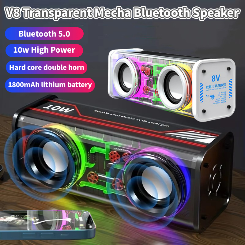UNIG Speaker Bluetooth Dual Horn Wireless Transparan TWS Mecha 10W Sound Light Rhythm Subwoofer TWS